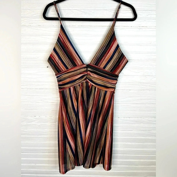 BCBGeneration Multicolored Striped Spaghetti Strap Dress V Neck New Sz 4 - Picture 3 of 16